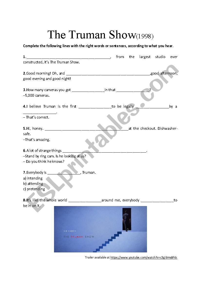 Movie trailer (listening activity) The Truman Show ESL worksheet by