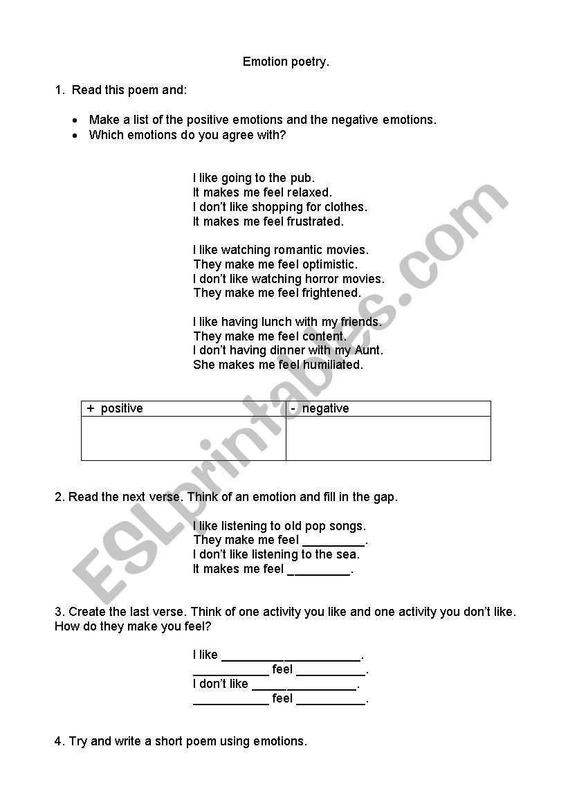 Emotions poetry worksheet