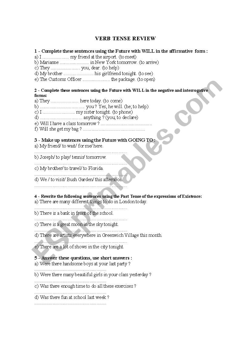 Verb tense review worksheet