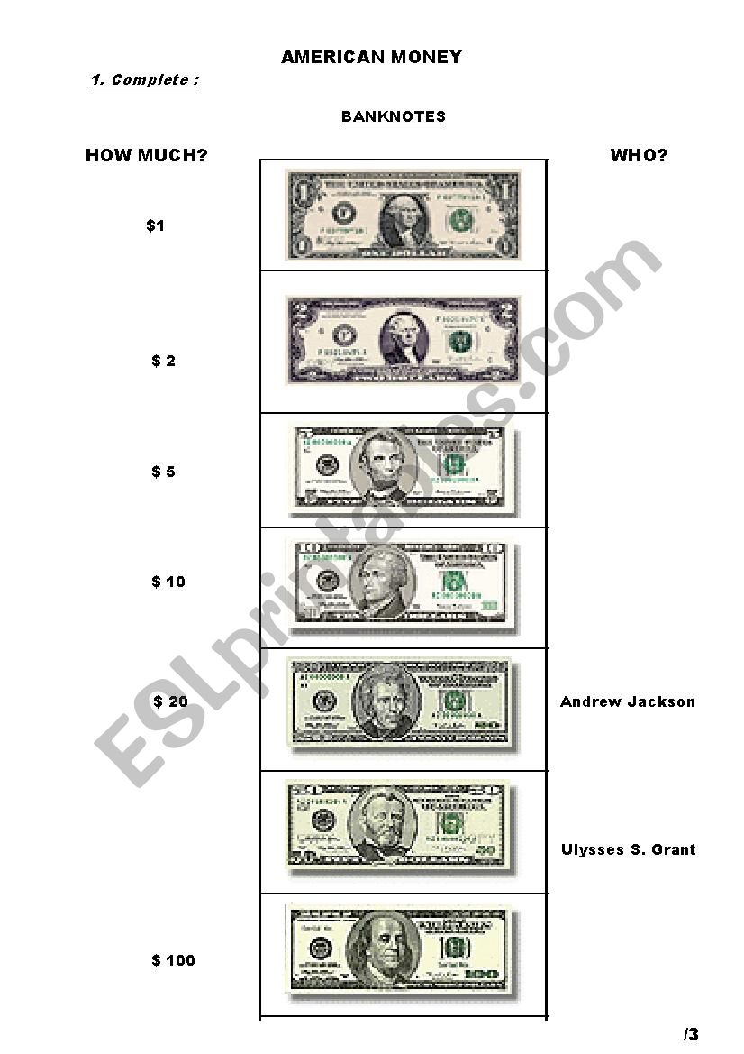 American money test worksheet