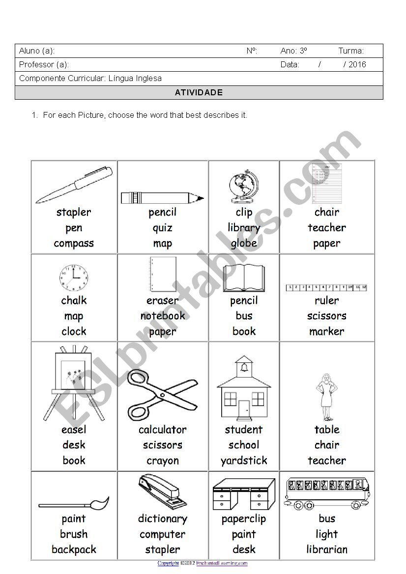 School objects worksheet