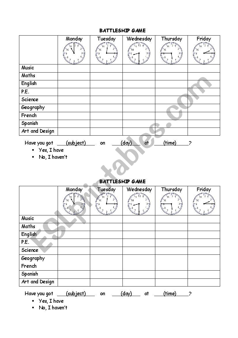 subjects and time battleship worksheet