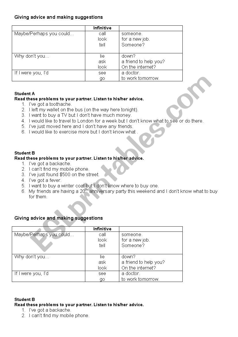 giving sughestions worksheet