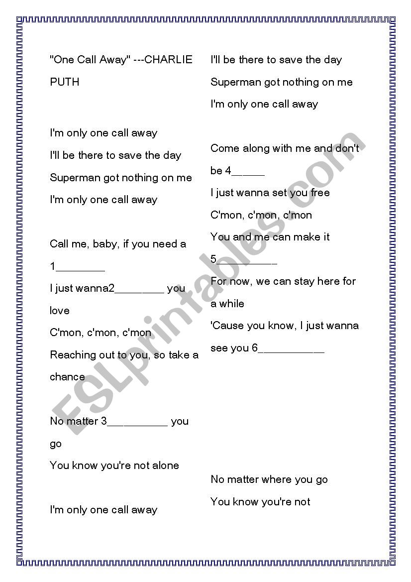 one call away worksheet