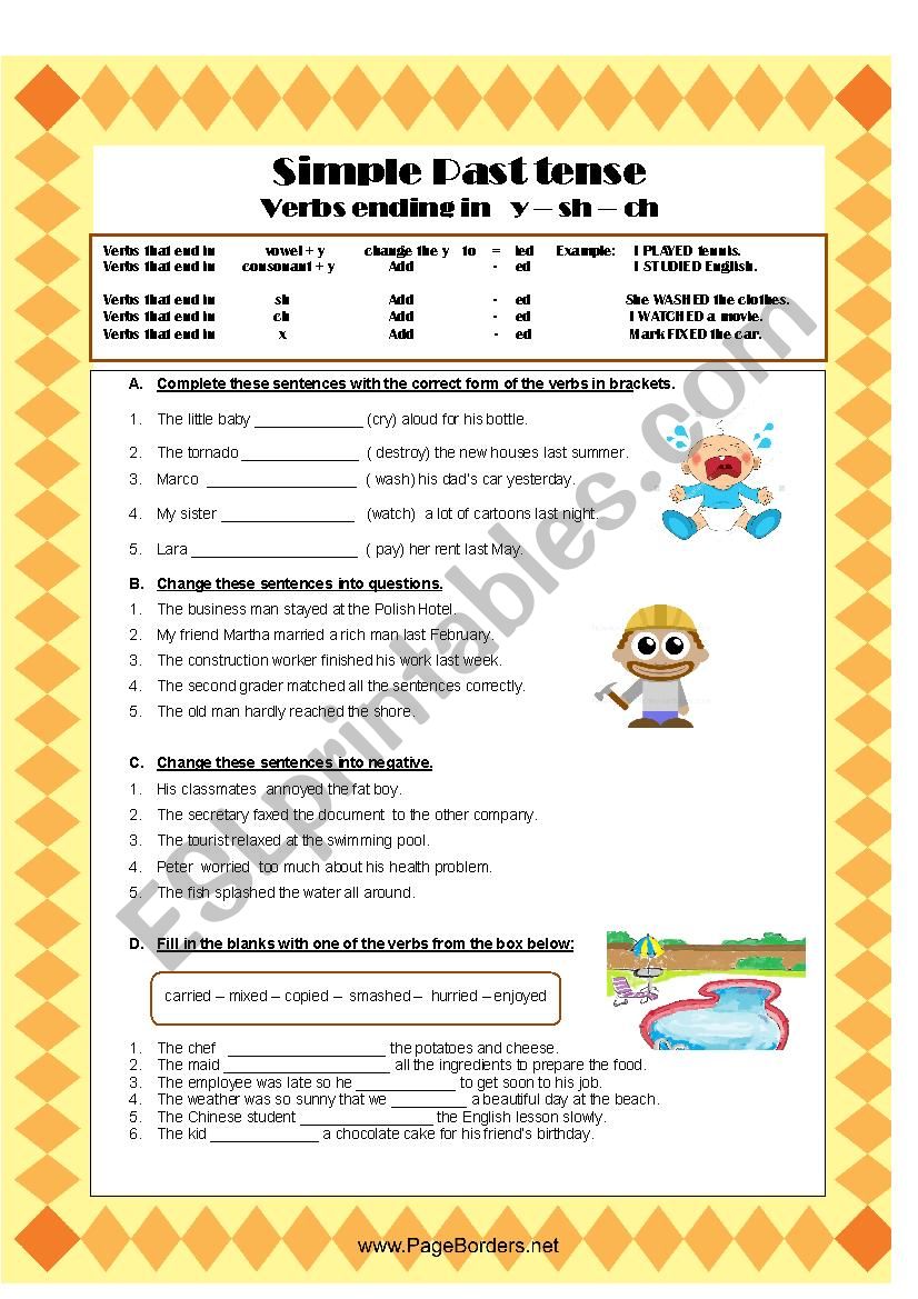 Simple Past Tense Verbs ending in y-sh-ch-x - ESL worksheet by minervamerlo