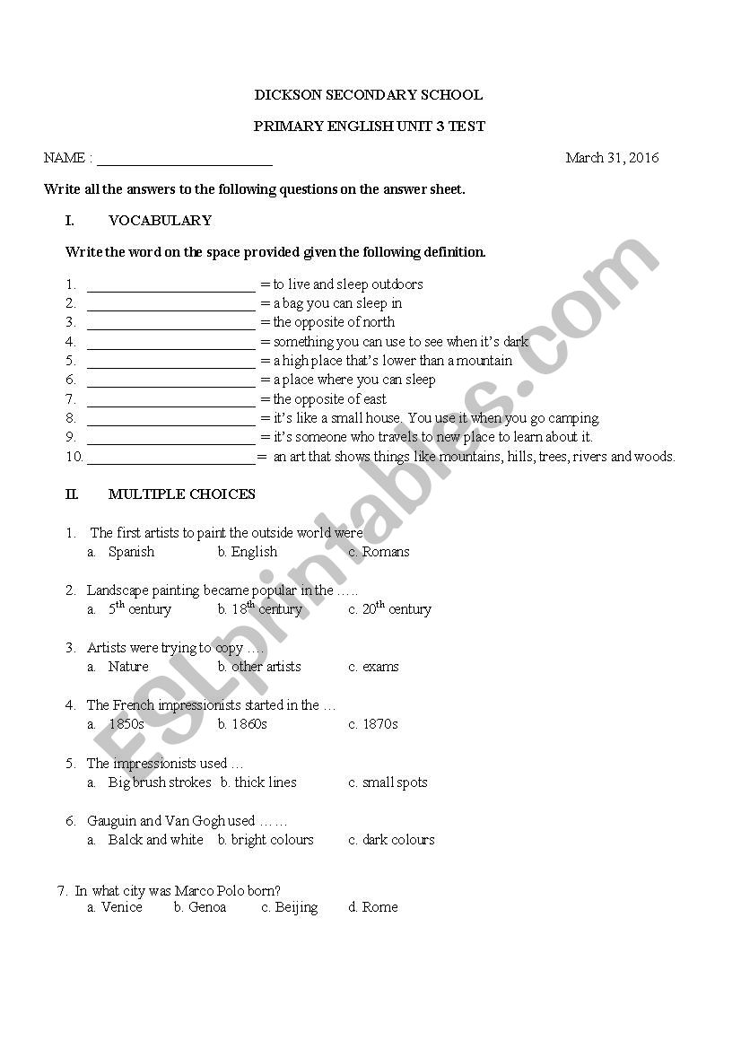 Primary English 6 Quiz worksheet