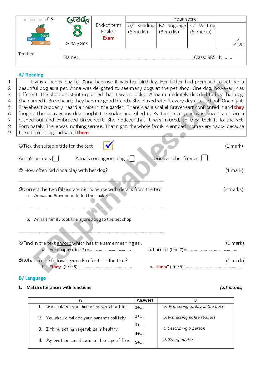 Test for 8th form students worksheet