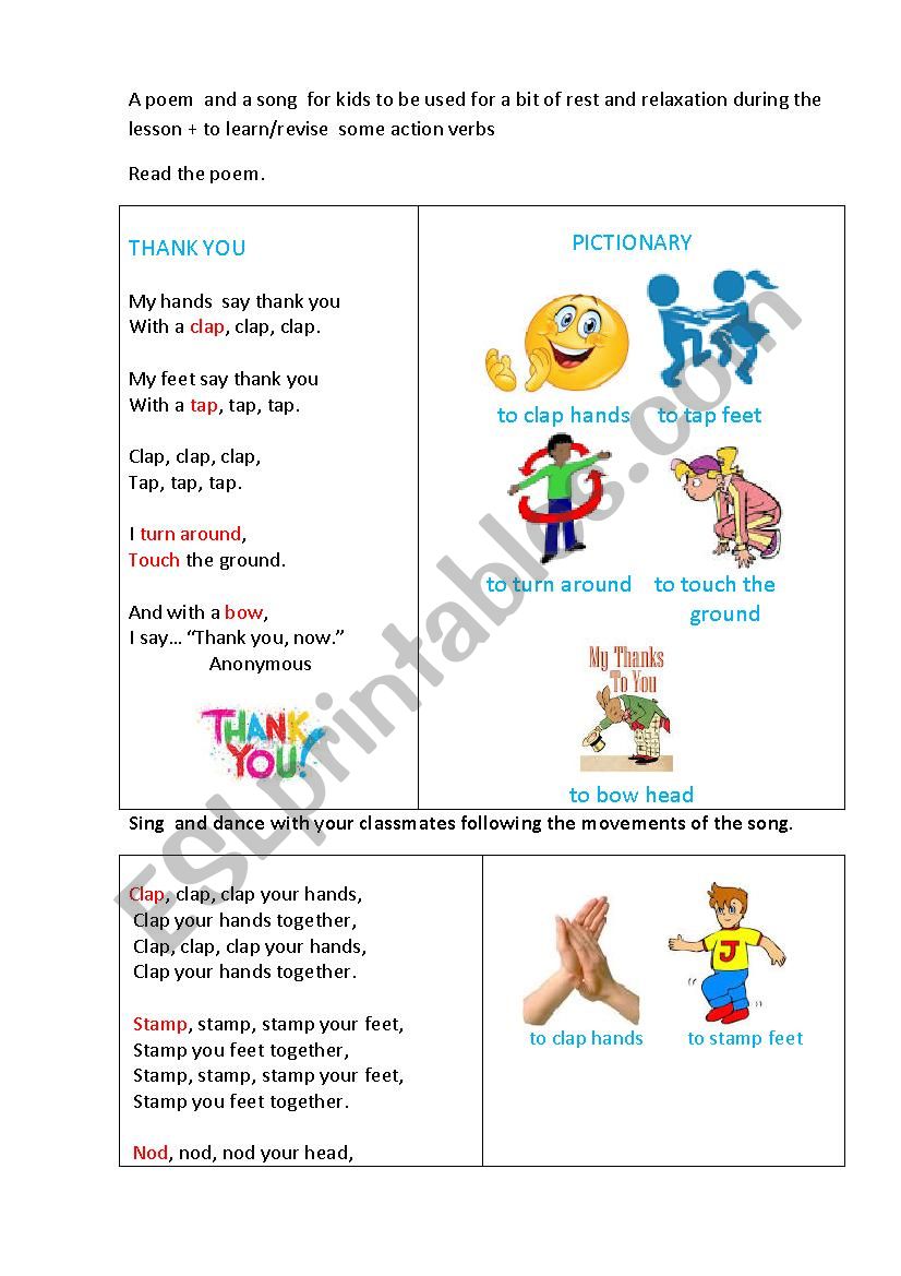 THANK YOU (a poem and a song) worksheet