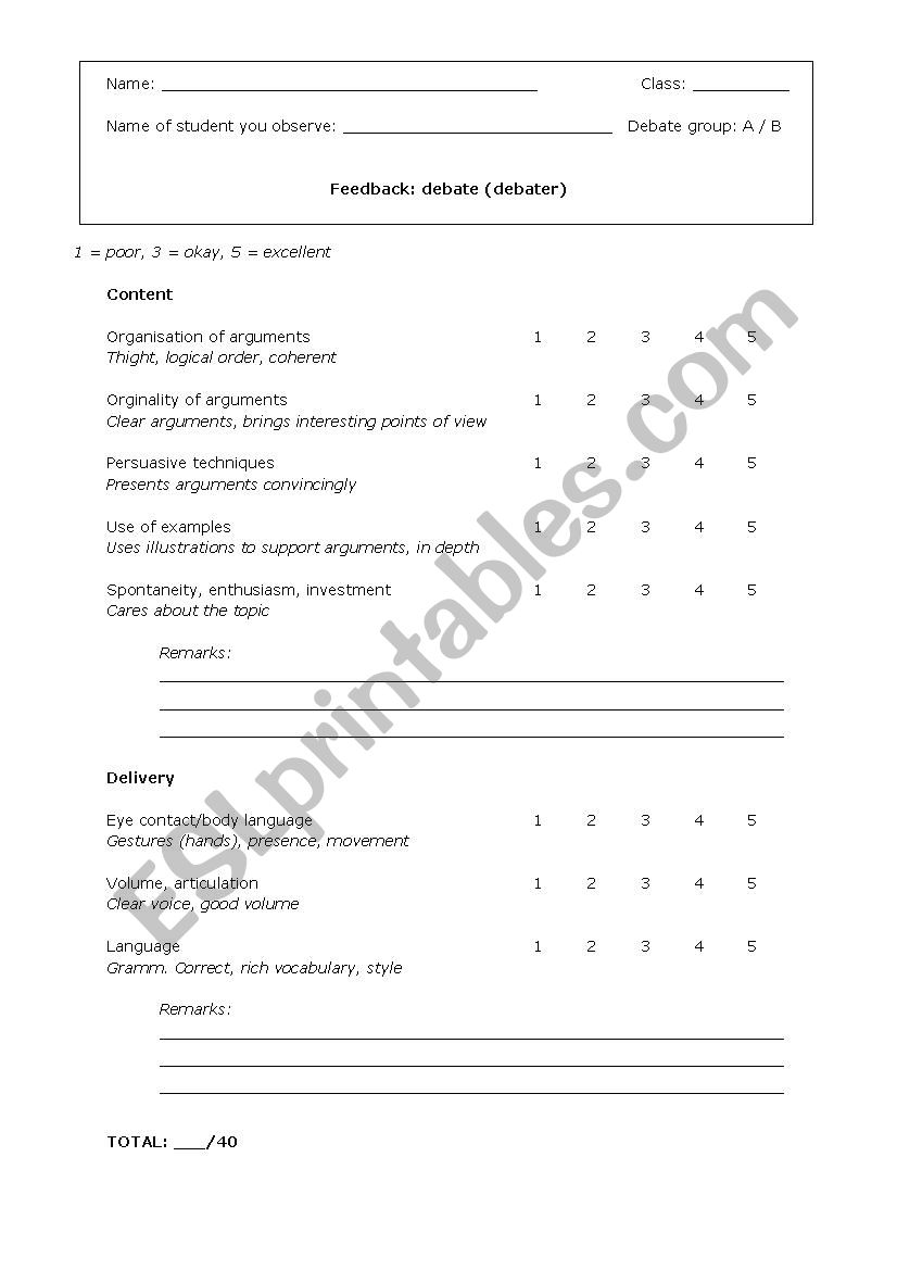 Feedback sheet debater  worksheet