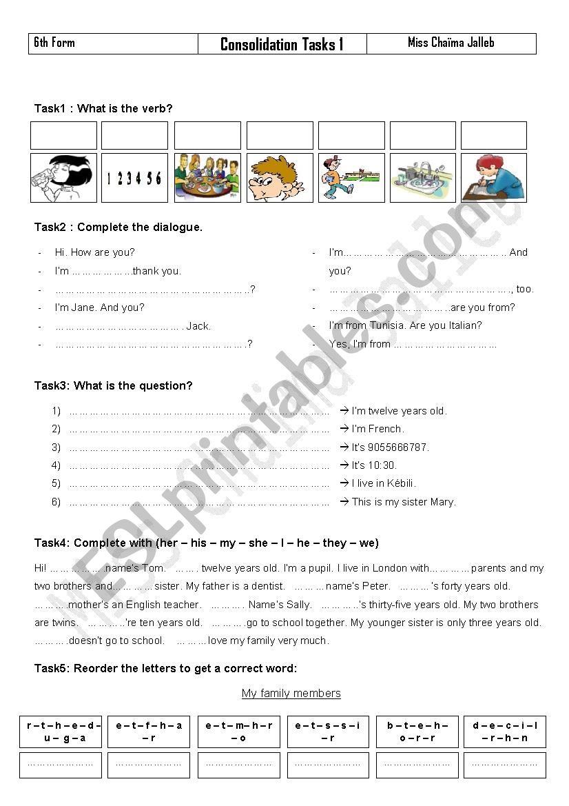 Consolidation tasks for 6th formers (Tunisian primary school)