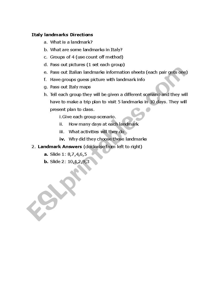 Italy landmarks and trip planning worksheet with directions (for use with Italy landmarks pictures)