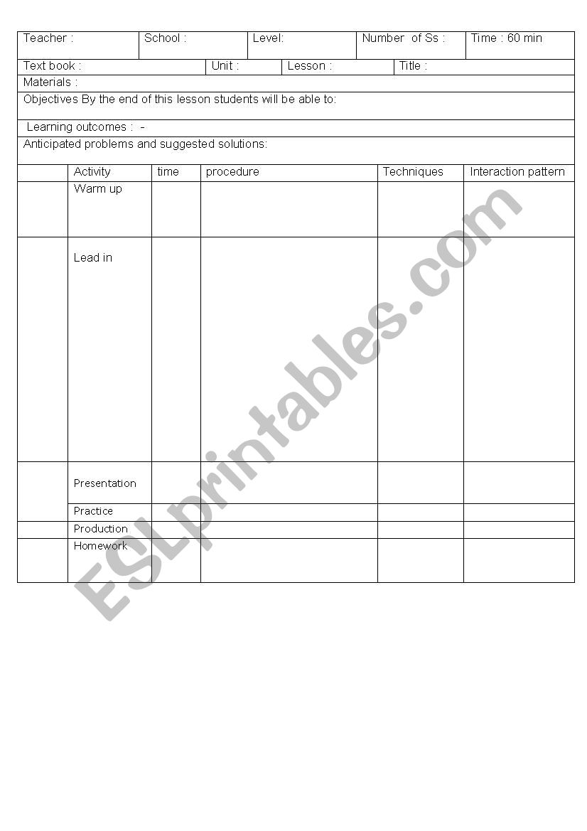 Lesson plan template worksheet