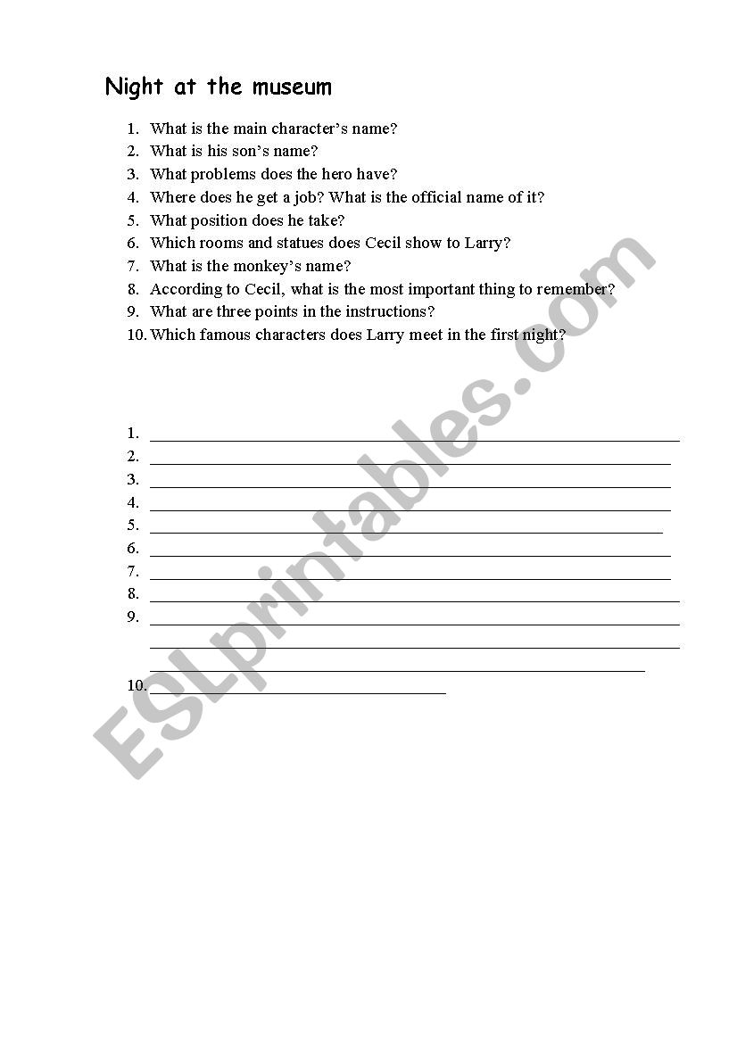 Night at the museum worksheet