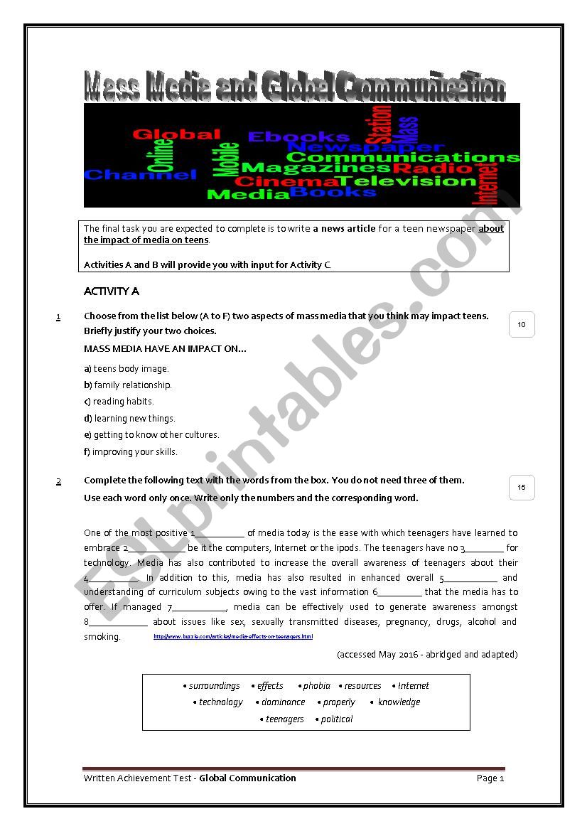 Task-based test on Mass Media and Global Communications - Key is provided