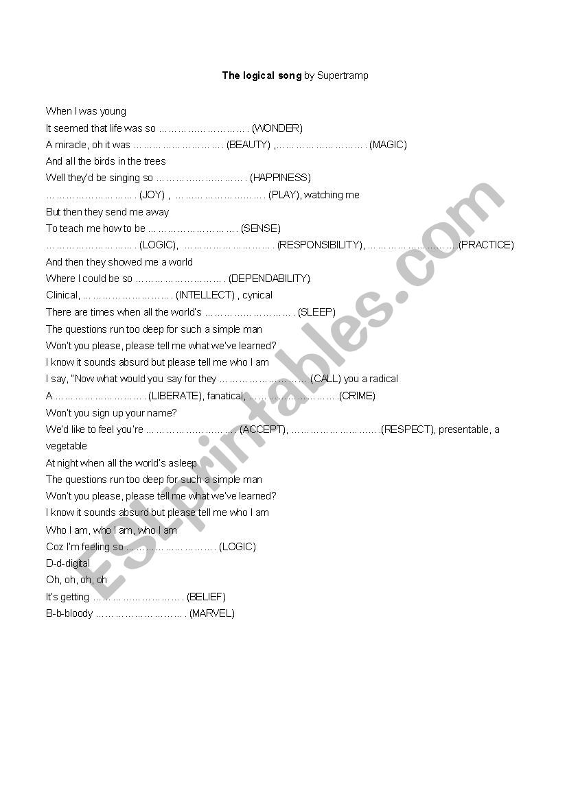 The logical song worksheet