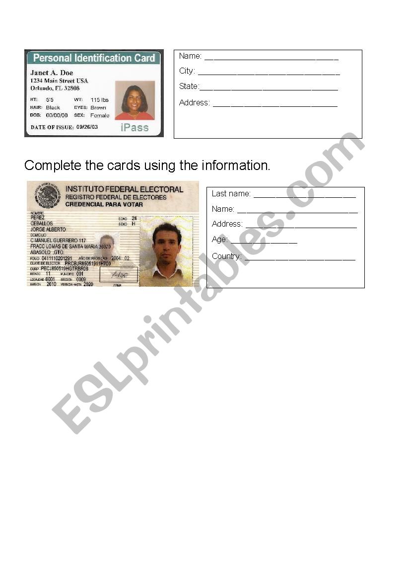 Personal information worksheet