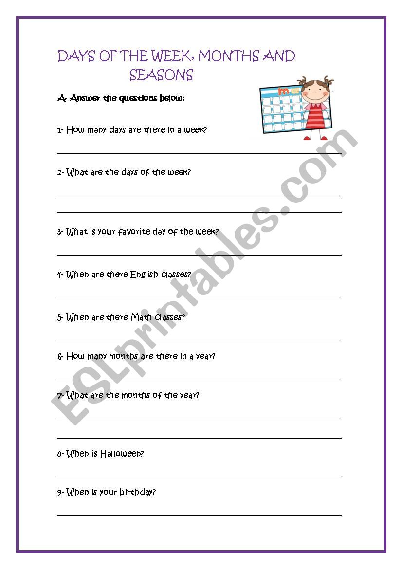 days, months and seasons worksheet