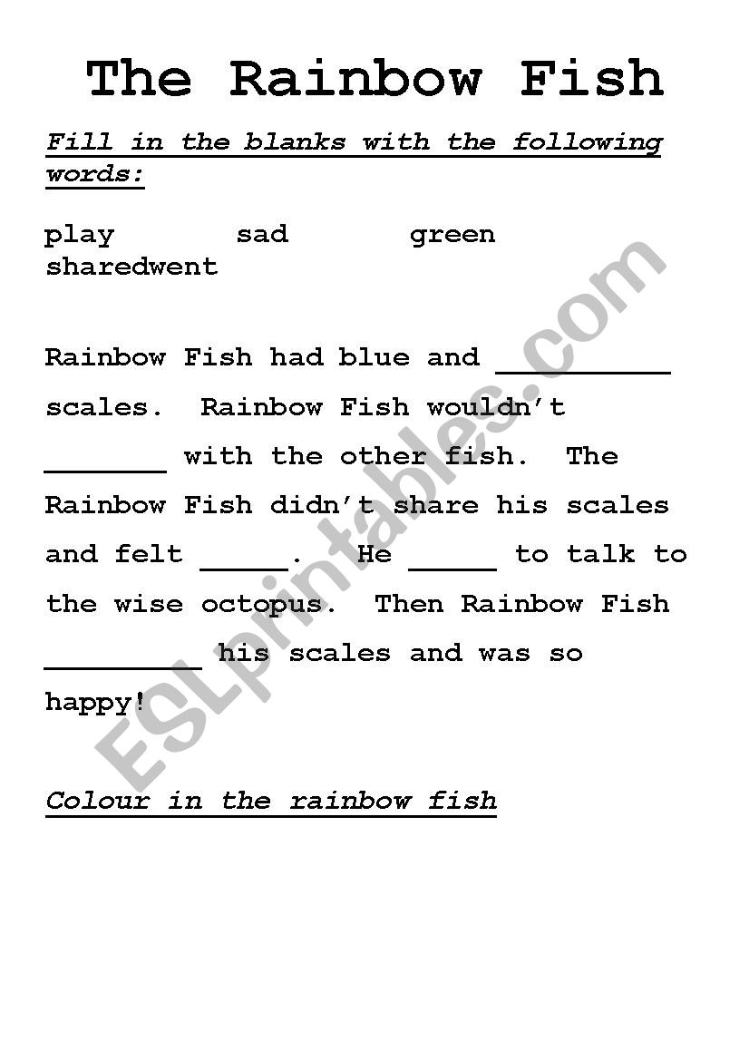 Rainbow fish cloze activity worksheet