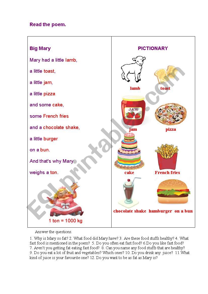 BIG MARY (a poem) worksheet