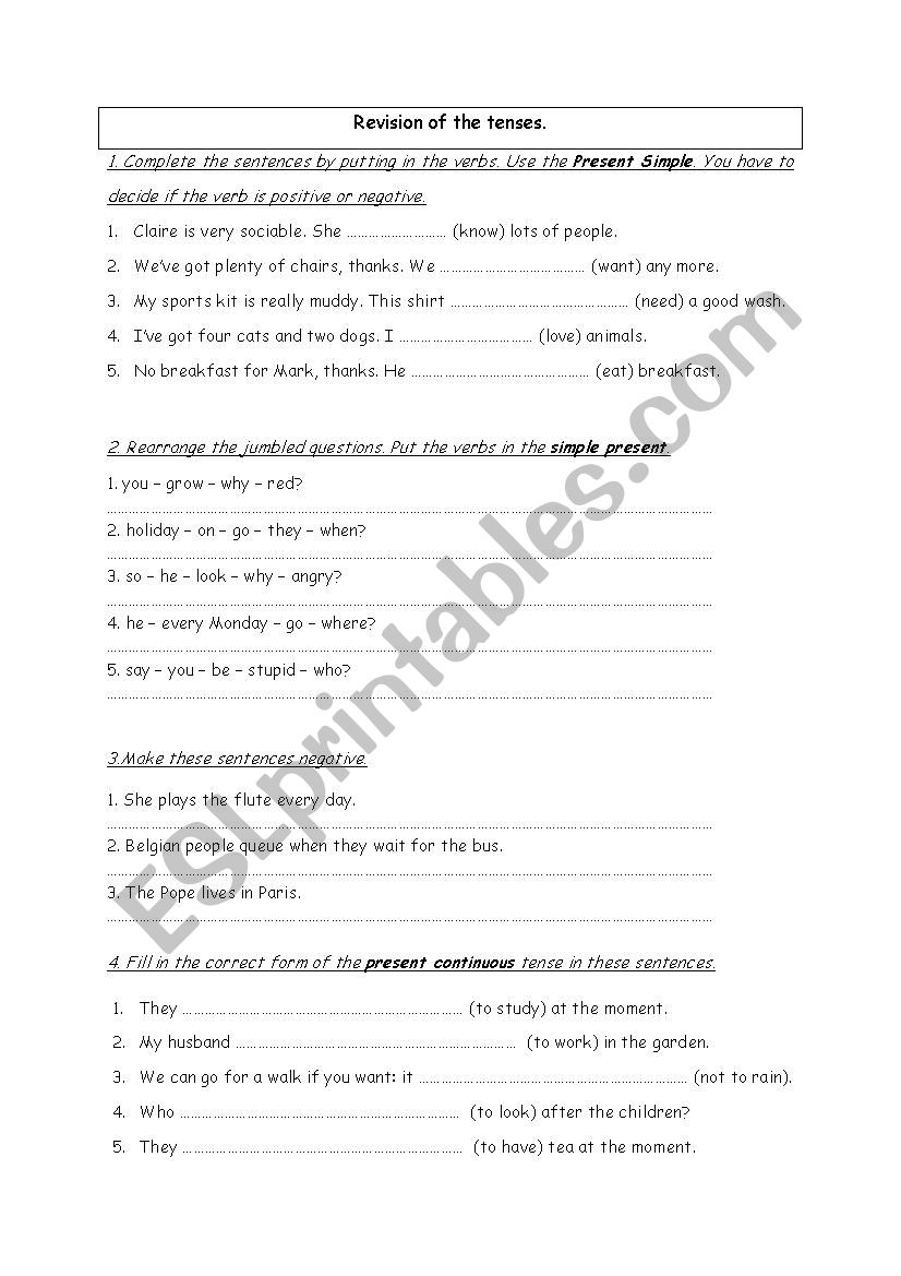 Revision tenses worksheet