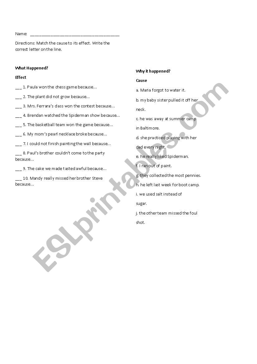 Cause and Effect  worksheet