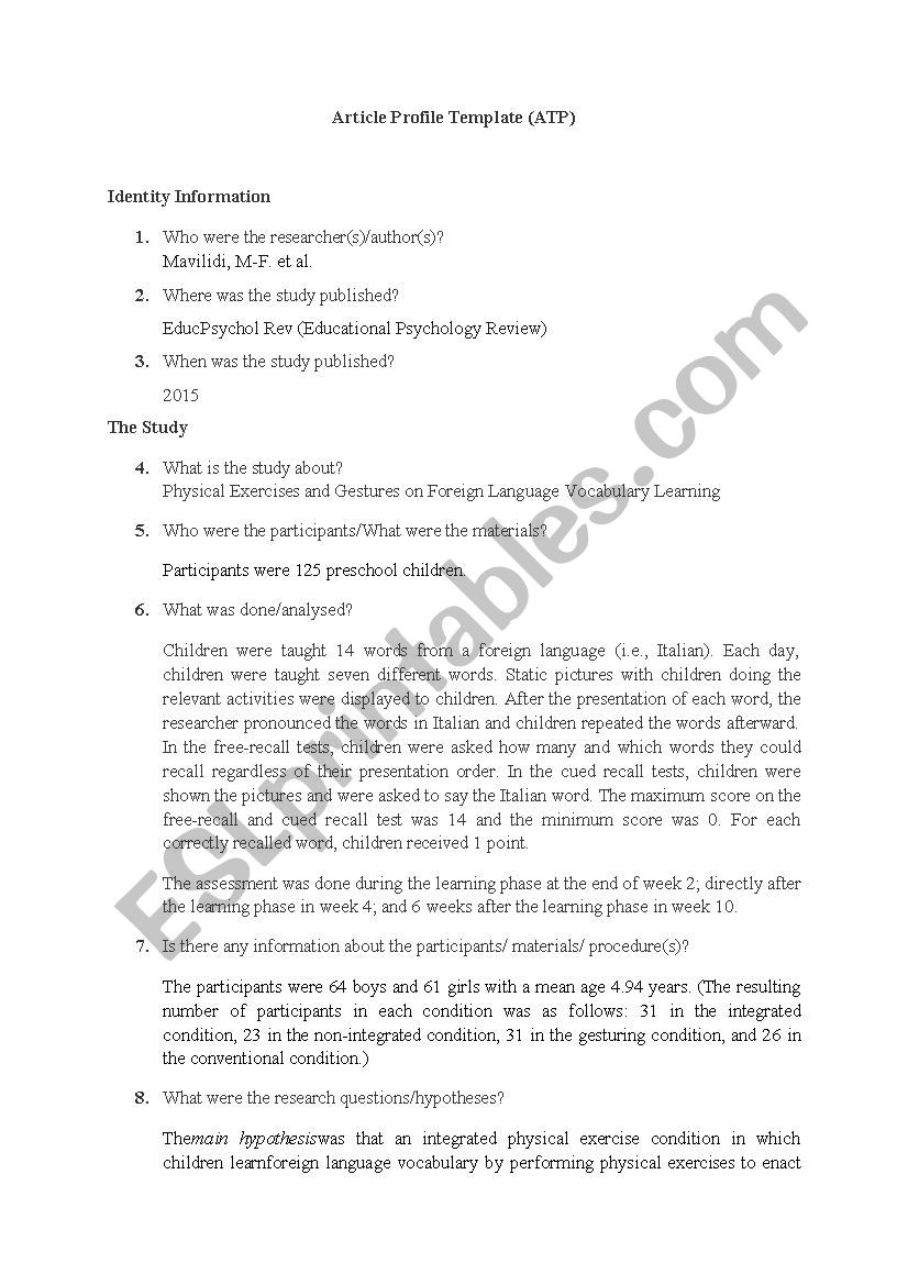 Article Profile Template worksheet