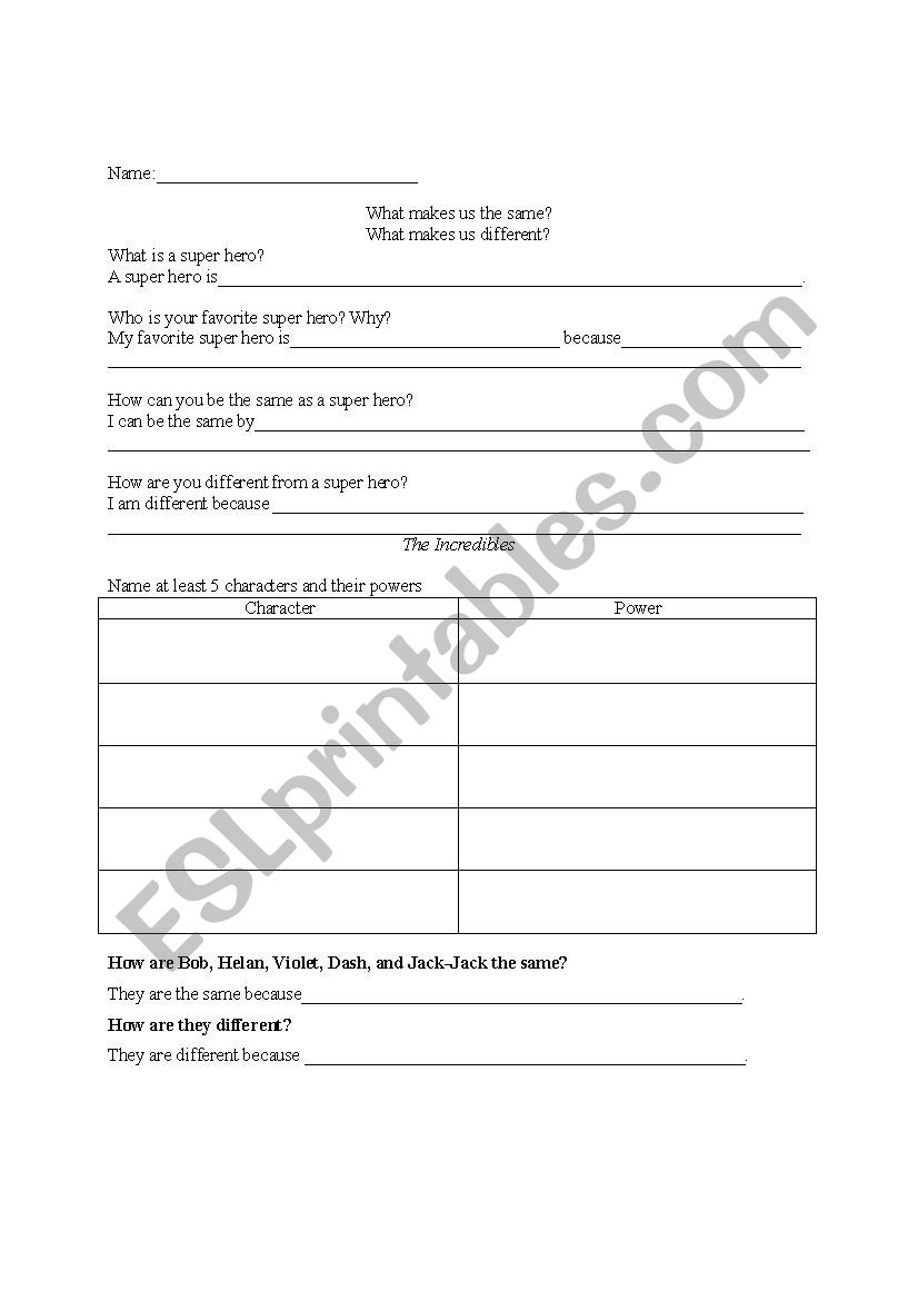 Incredibles Film Worksheet worksheet