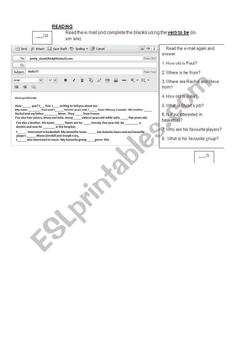 Reading e-mail worksheet