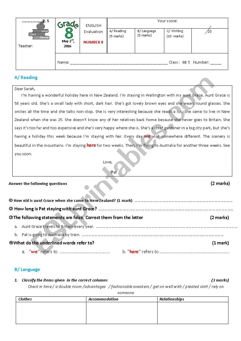 8th form test worksheet