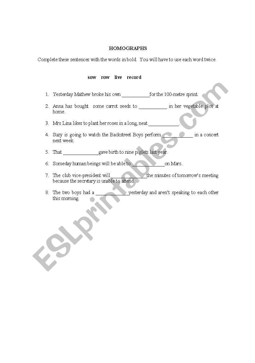 Homograhps worksheet