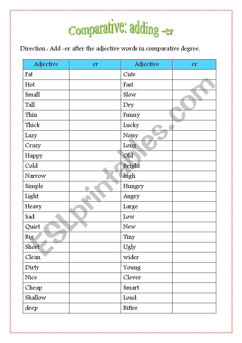 Comparative: adding er worksheet