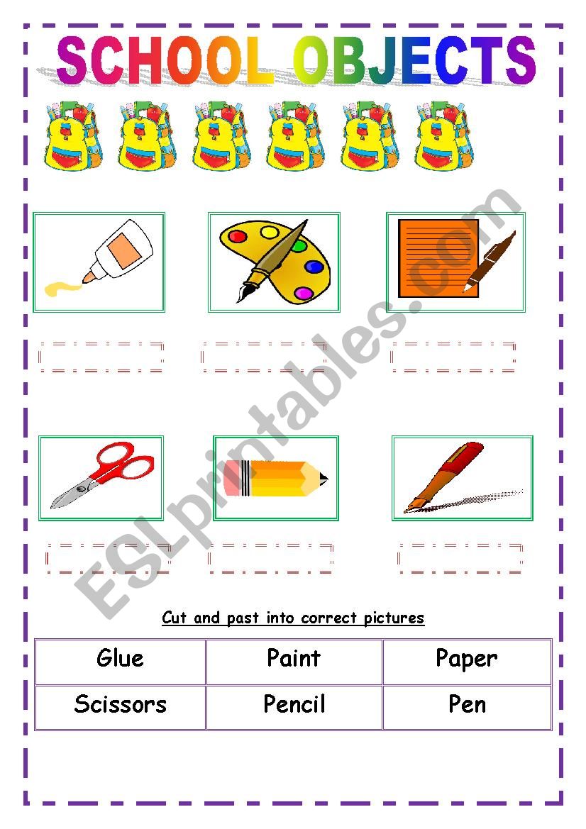 SCHOOL SUPPLY (CUT AND PASTE) worksheet