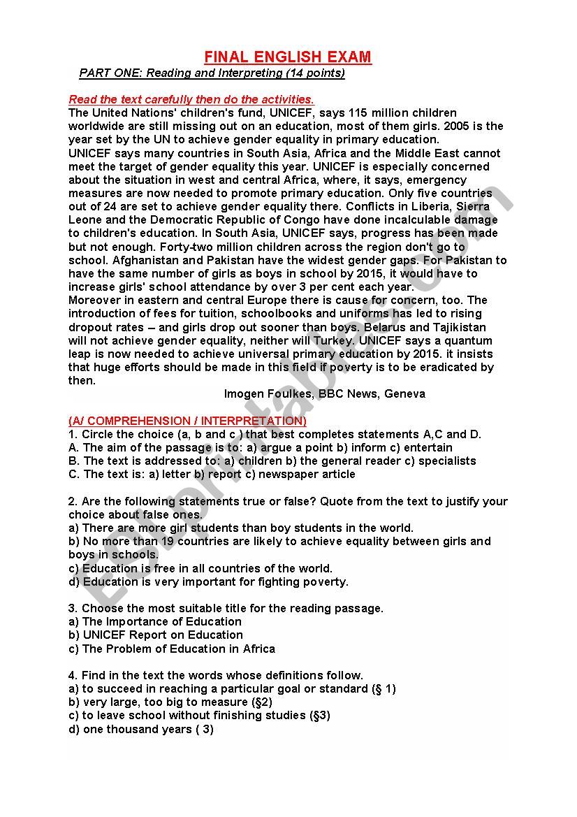 EXAM MODEL worksheet