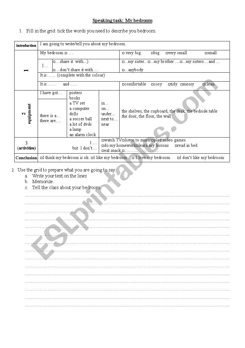 My bedroom - speaking task worksheet