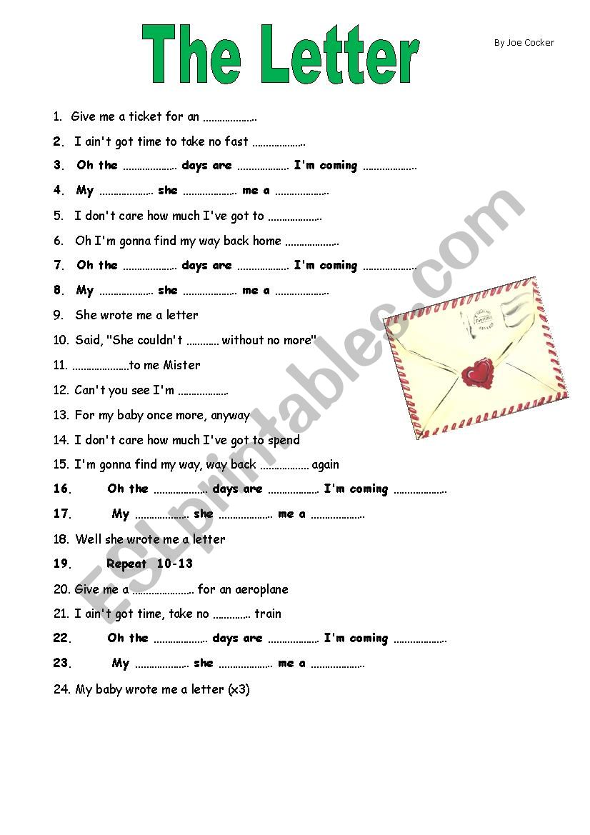 Letter Joe Cocker cloze  worksheet