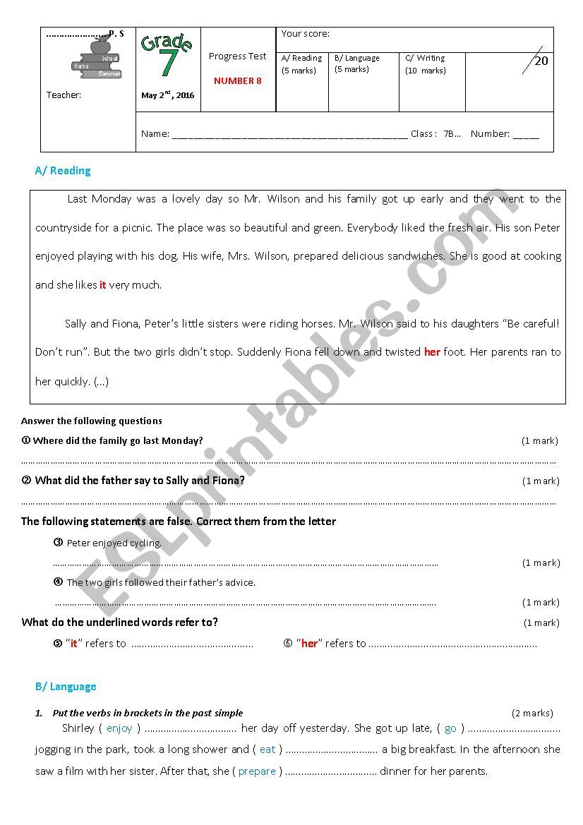 7th form Evaluation N8 worksheet