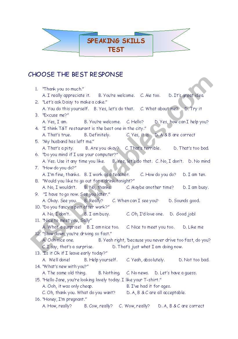 Speaking Skills Test worksheet