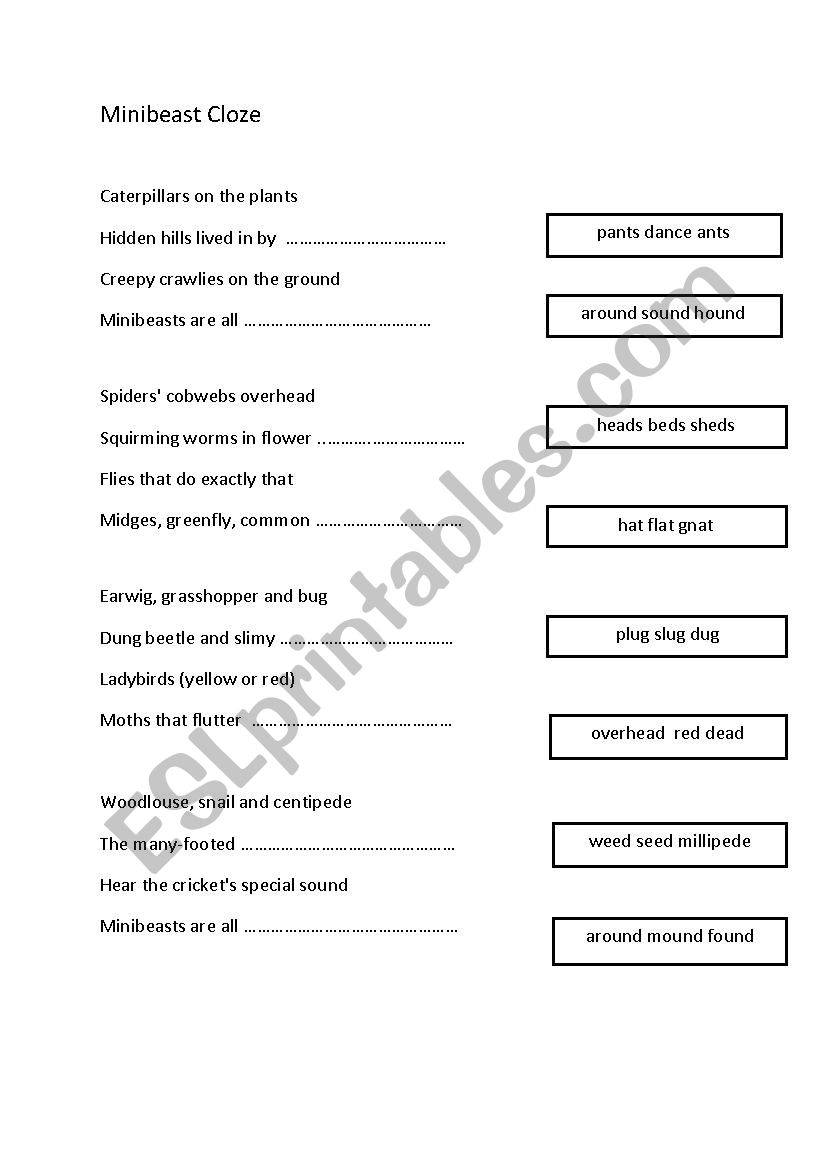 Bugs Cloze worksheet