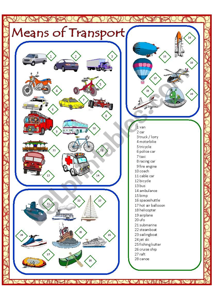 Means of Transport worksheet