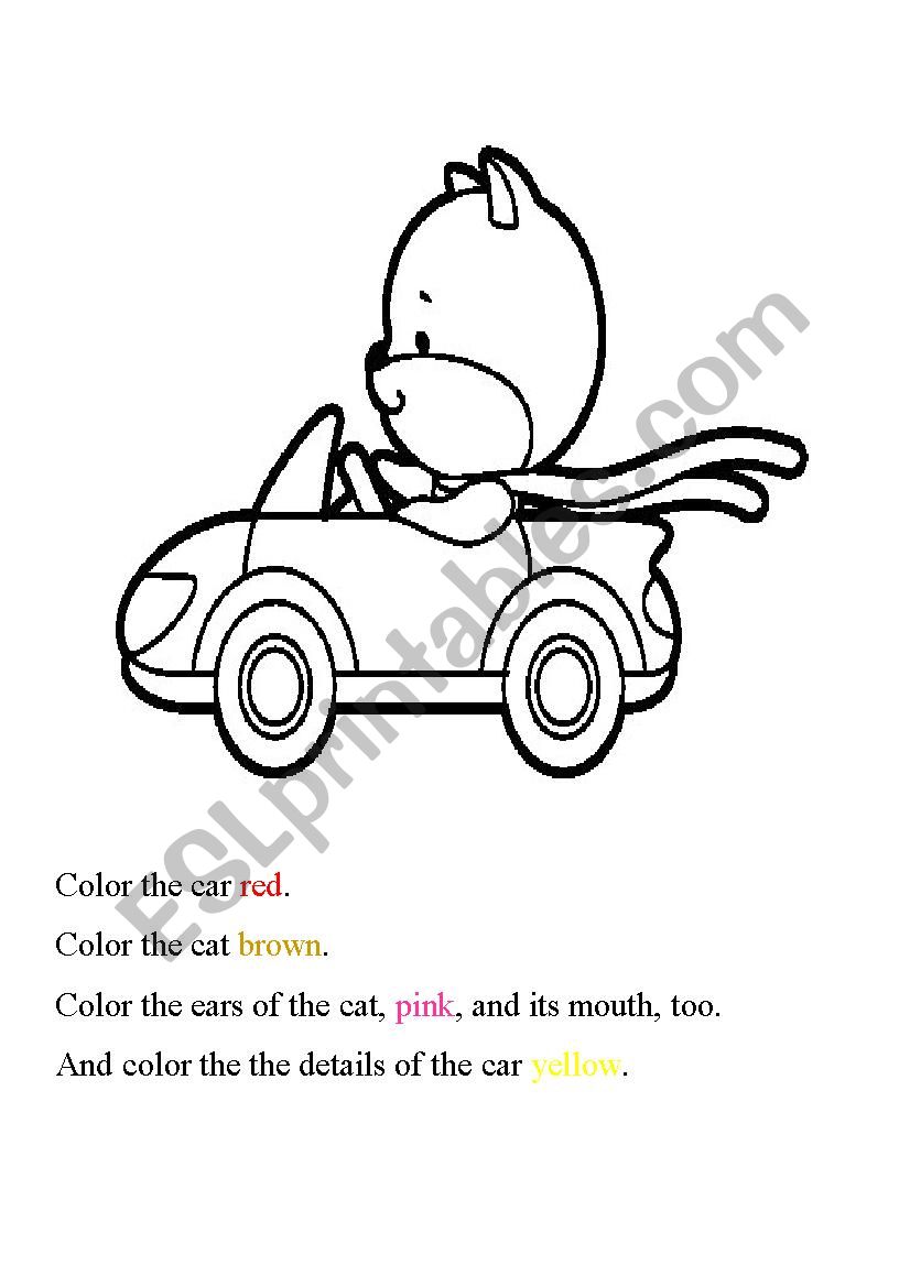 Color the cat in the car worksheet