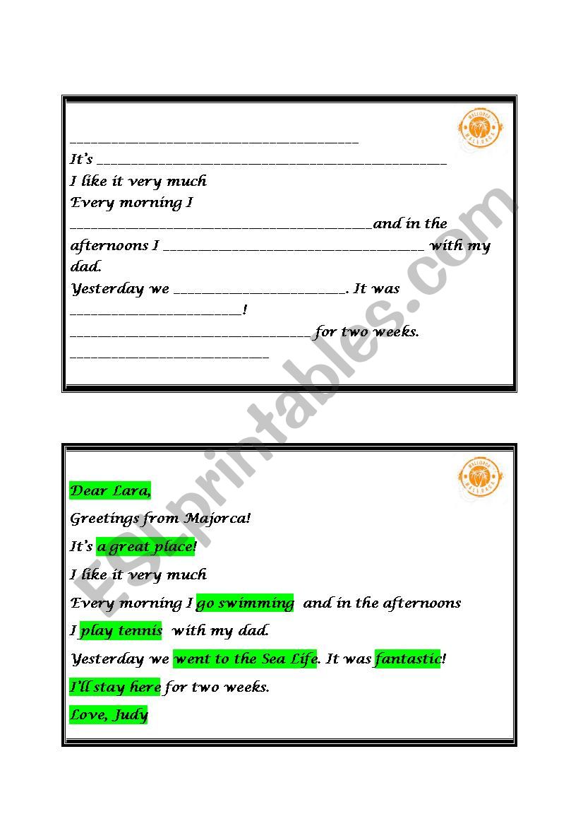 Postcard with gaps worksheet