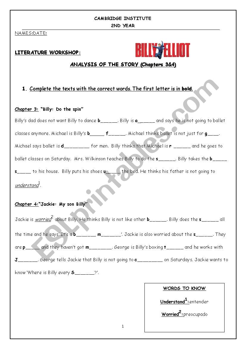 Billy Elliot- Chapter 3&4- worksheet