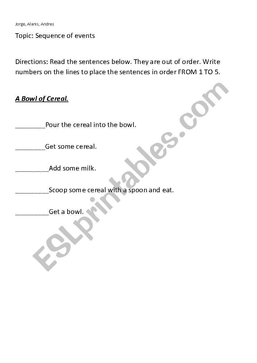Sequence of Events worksheet