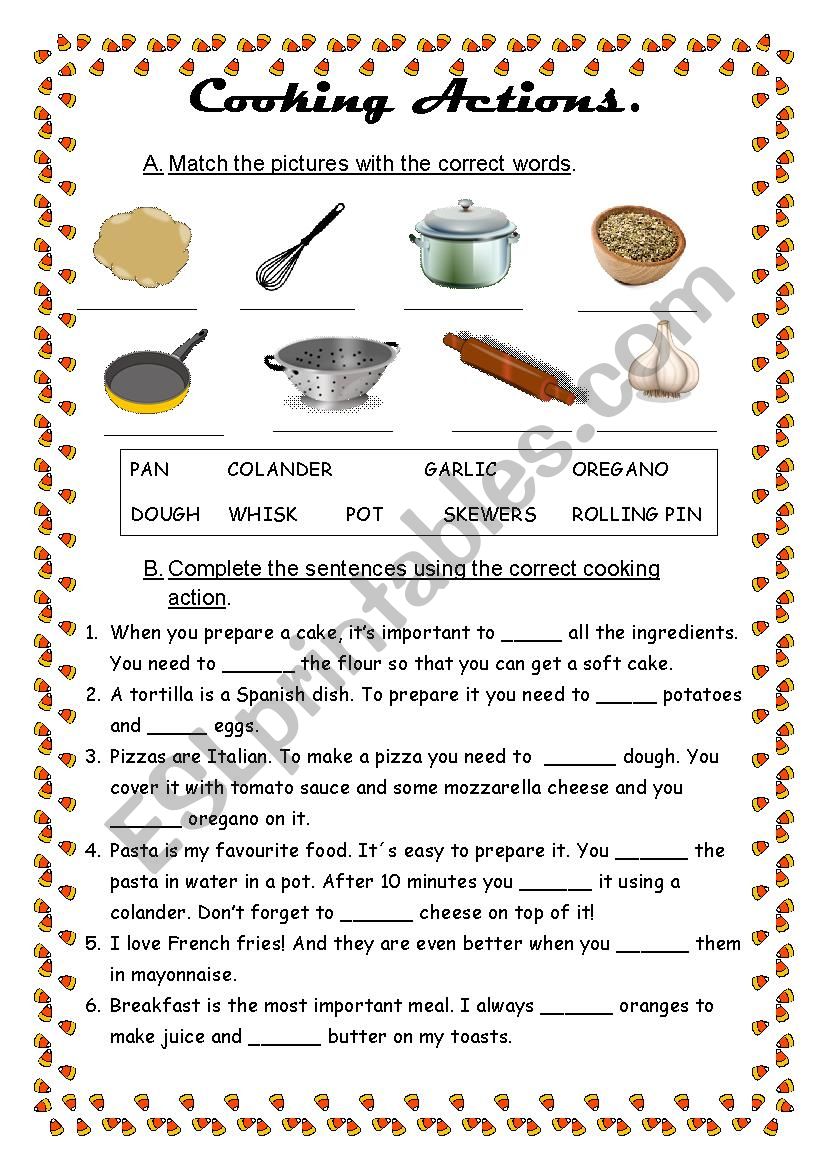 Cooking actions worksheet