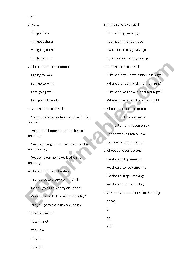 grammar test worksheet