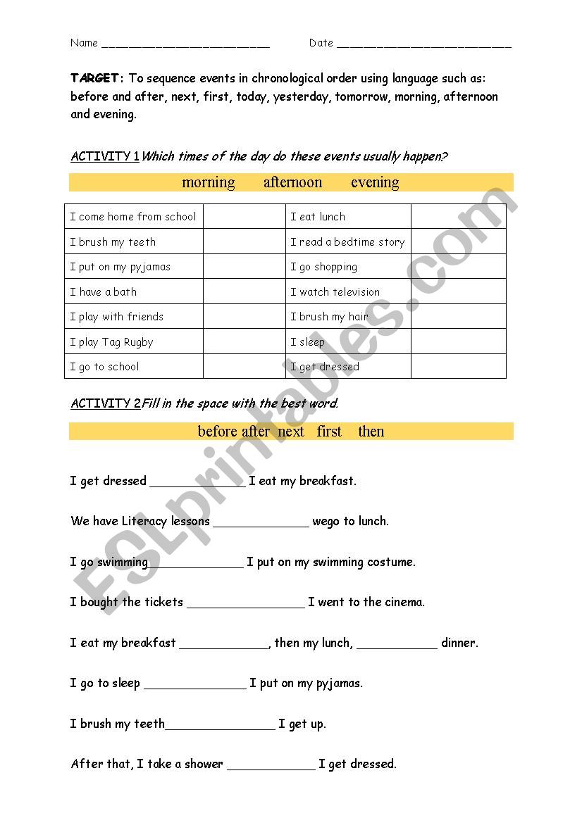 sequencing events worksheet