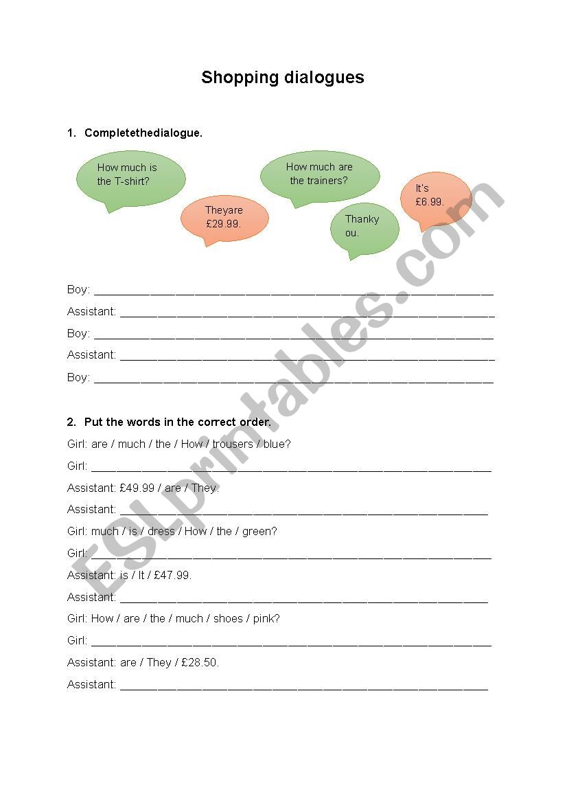 Shopping dialogues worksheet