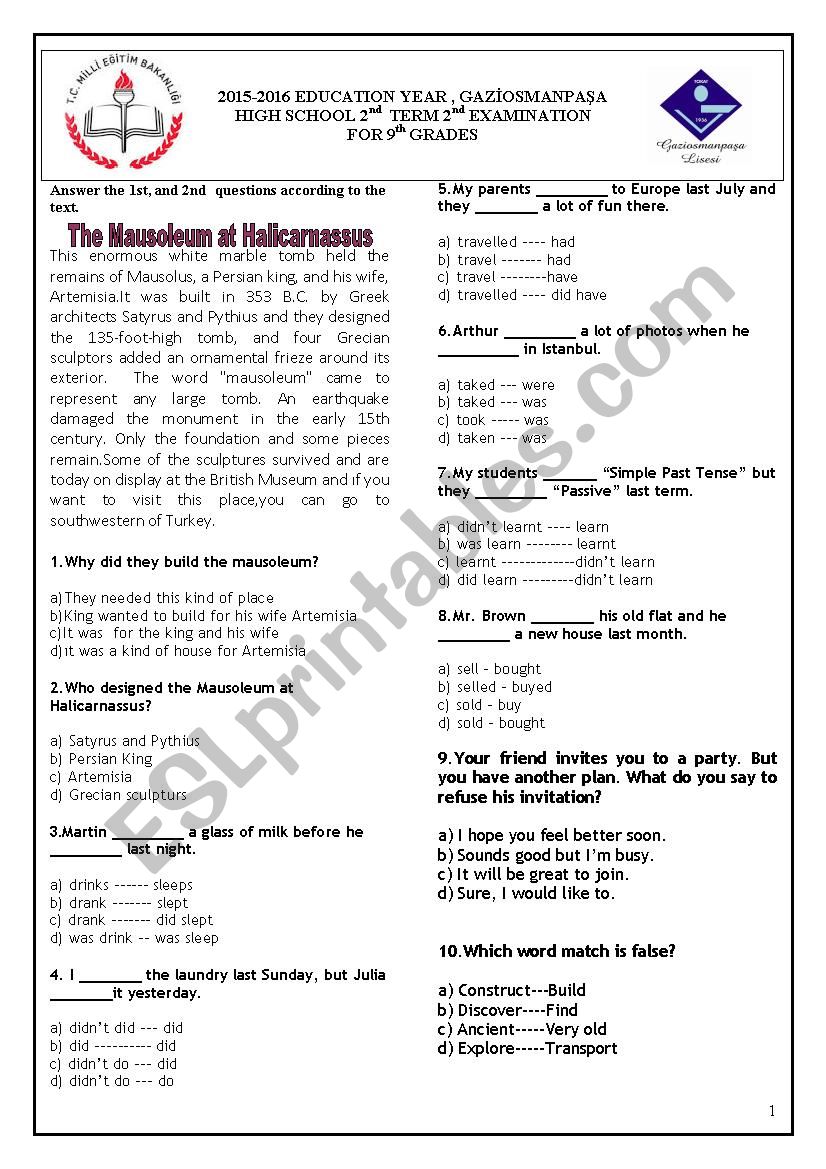 15/16 GRADE 9 2nd TERM 1st TEST