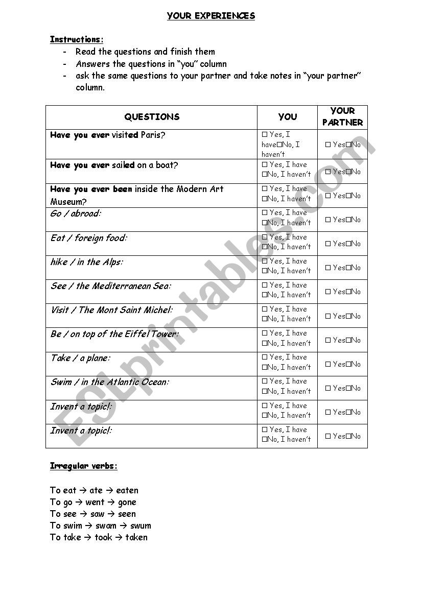your experiences worksheet