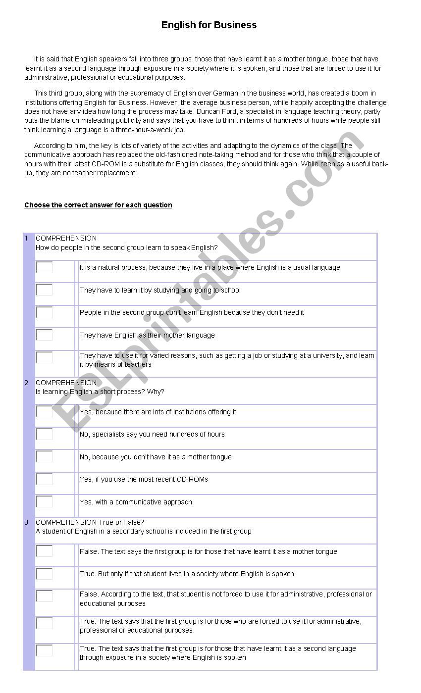 Business worksheet